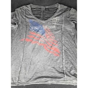 Harley-Davidson Womens Grey Eagle Flag Graphic V-Neck Ladder Cut Tee Shirt 2XL
